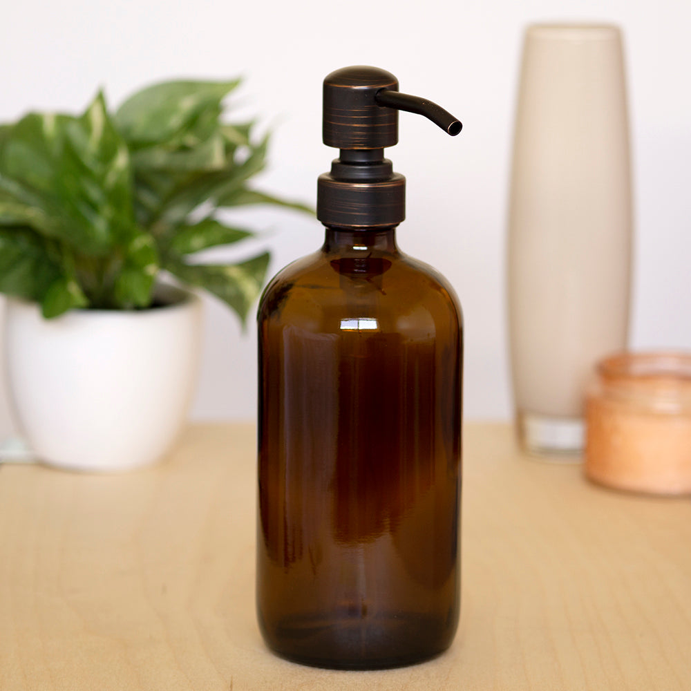 Amber glass soap dispenser with oil rubbed bronze pump, 16 oz.