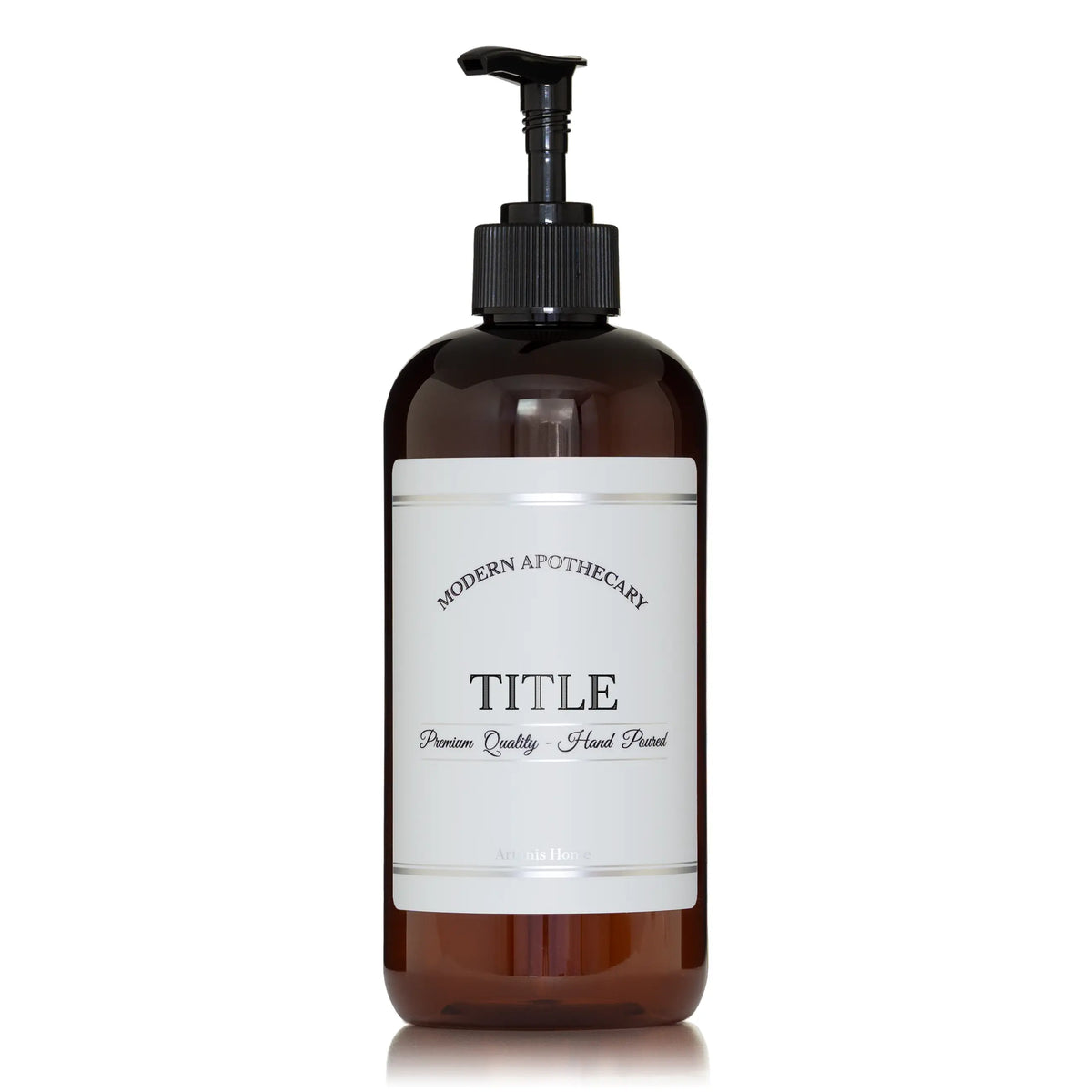 amber PET plastic pump bottle with stainless steel pump and silver accented label.