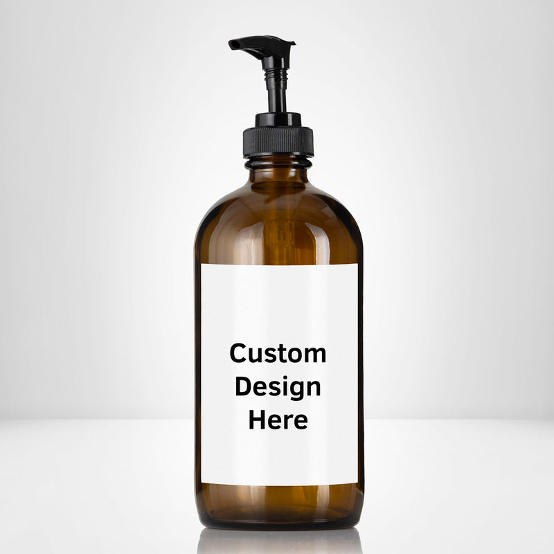 Elegant amber glass 16 oz boston round bottle personalized customized with waterproof label, printed on demand with choice of pumps including stainless steel for kitchen, amenities, hospitality, businesses, bathrooms.