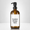 Elegant amber glass 16 oz boston round bottle personalized customized with waterproof label, printed on demand with choice of pumps including stainless steel for kitchen, amenities, hospitality, businesses, bathrooms.
