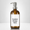 Elegant amber glass 16 oz boston round bottle personalized customized with waterproof label, printed on demand with choice of pumps including stainless steel for kitchen, amenities, hospitality, businesses, bathrooms.