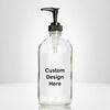 Elegant clear glass 16 oz boston round bottle personalized customized with waterproof label, printed on demand with choice of pumps including stainless steel for kitchen, amenities, hospitality, businesses, bathrooms.