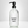 Elegant clear glass 16 oz boston round bottle personalized customized with waterproof label, printed on demand with choice of pumps including stainless steel for kitchen, amenities, hospitality, businesses, bathrooms.