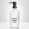 Elegant clear glass 16 oz boston round bottle personalized customized with waterproof label, printed on demand with choice of pumps including stainless steel for kitchen, amenities, hospitality, businesses, bathrooms.