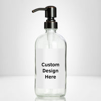 Elegant clear glass 16 oz boston round bottle personalized customized with waterproof label, printed on demand with choice of pumps including stainless steel for kitchen, amenities, hospitality, businesses, bathrooms.