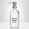 Elegant clear glass 16 oz boston round bottle personalized customized with waterproof label, printed on demand with choice of pumps including stainless steel for kitchen, amenities, hospitality, businesses, bathrooms.