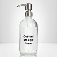 Elegant clear glass 16 oz boston round bottle personalized customized with waterproof label, printed on demand with choice of pumps including stainless steel for kitchen, amenities, hospitality, businesses, bathrooms.