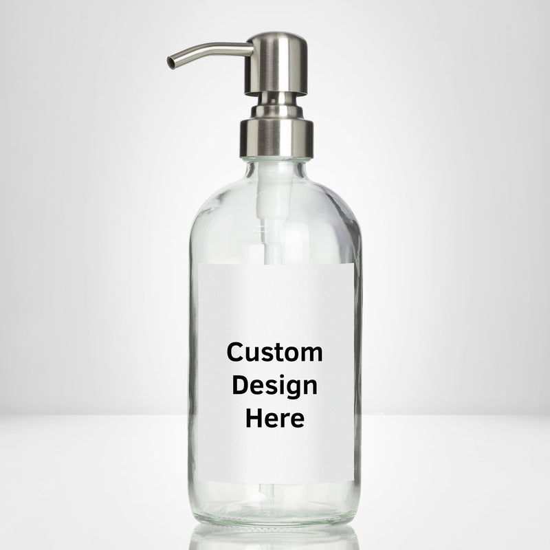 Elegant clear glass 16 oz boston round bottle personalized customized with waterproof label, printed on demand with choice of pumps including stainless steel for kitchen, amenities, hospitality, businesses, bathrooms.