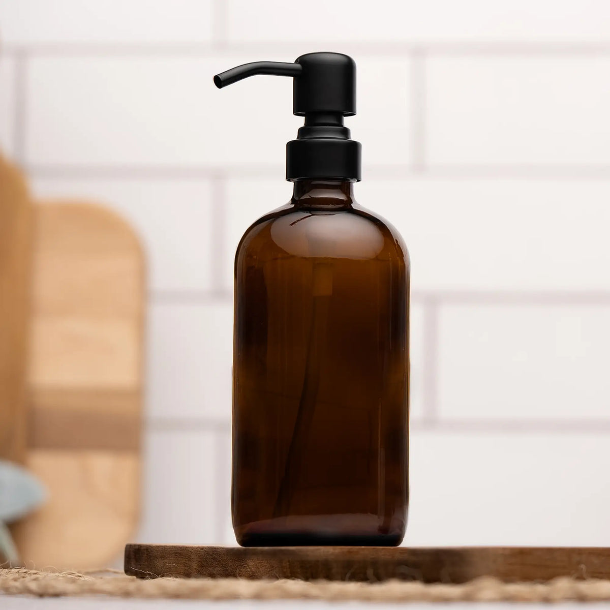 Amber Glass 16 oz Boston Round Soap Dispenser Pump Bottle