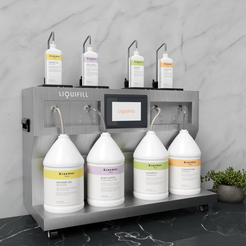 Liquifill station with various bottles on a gray background, quad model with four gallons