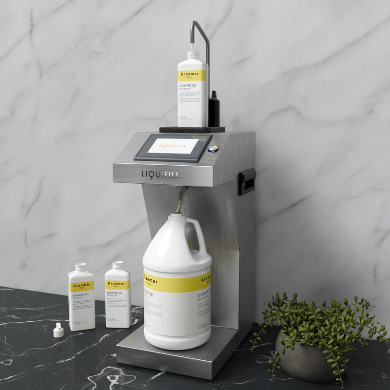 Hotel Emporium LiquiFill Hospitality Liquid Refilling Machine, Single Model filling a bottle