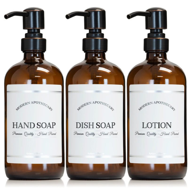 Amber "Modern Apothecary" Glass Bottle Trio