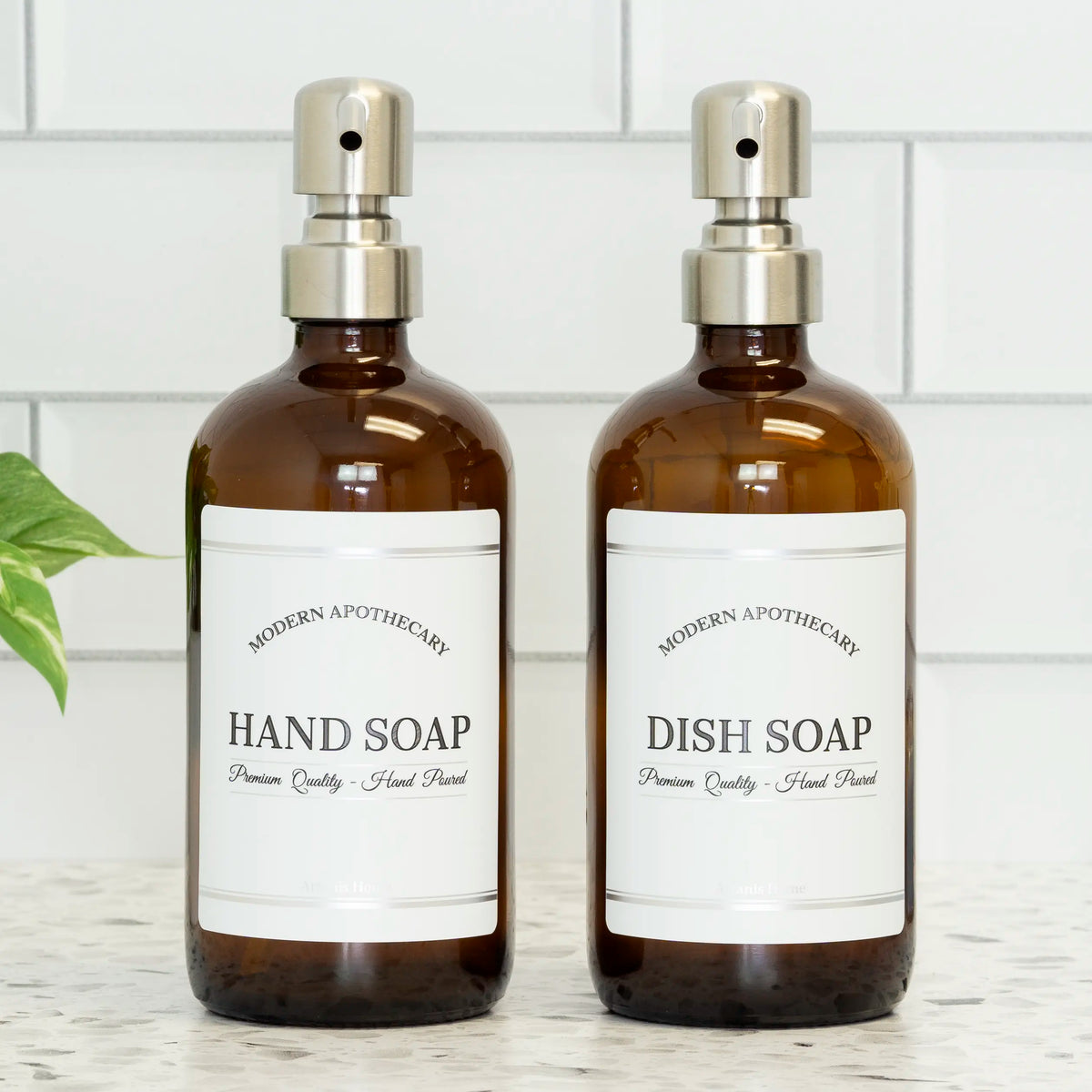 Hand and dishes soap dispenser set with 304 grade stainless steel pumps and chrome labels.  Home decor to declutter kitchen