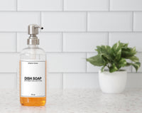 clear 16 oz PET bottle with customized dish soap label and stainless steel pump.