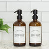 Amber glass 16oz Boston round bottles with Modern Apothecary labels for hand soap and dish soap with 304 grade black steel pumps. 
