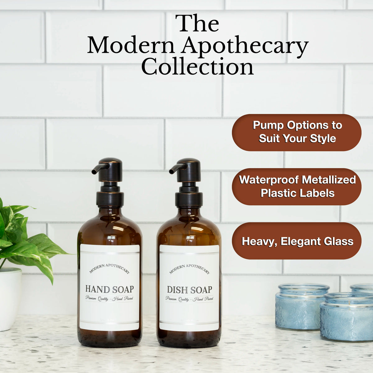 Elegant hand soap and dish soap dispensers, glass, with stainless steel oil rubbed bronze old world pumps, heavy glass, and waterproof plastic labels.