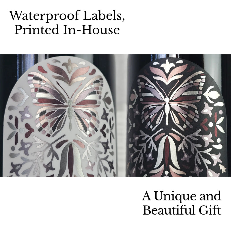 Super close up view of waterproof labels designed with metal butterfly design and matte laminate on Miron apothecary jars.