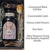Miron apothecary jar with white holographic custom label, nestled in a black gift box with alloy teaspoon scoop. Bullet point describe the features.