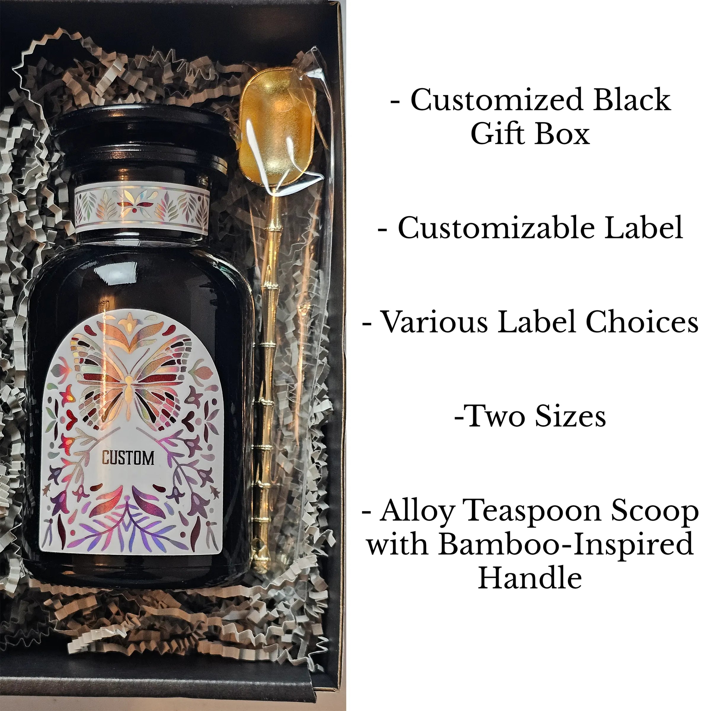 Miron apothecary jar with white holographic custom label, nestled in a black gift box with alloy teaspoon scoop. Bullet point describe the features.