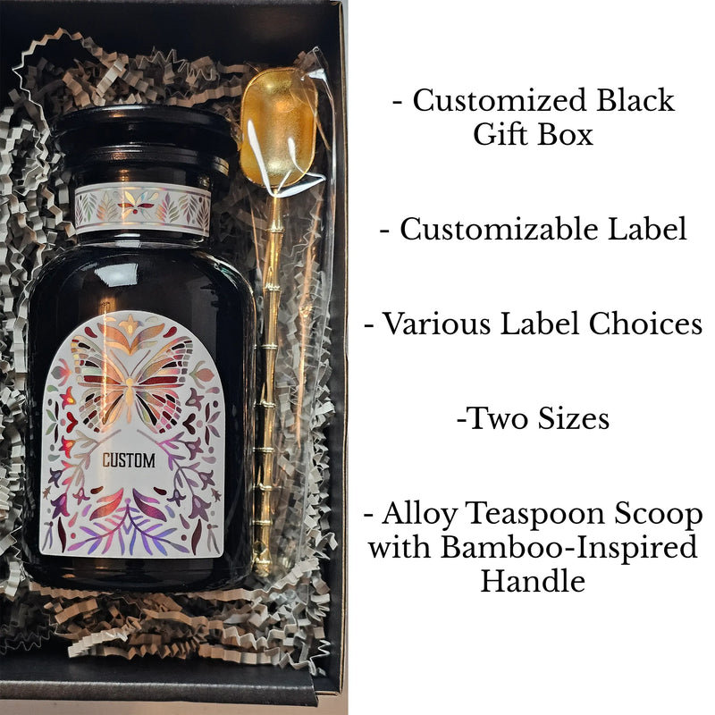 Miron apothecary jar with white holographic custom label, nestled in a black gift box with alloy teaspoon scoop. Bullet point describe the features.