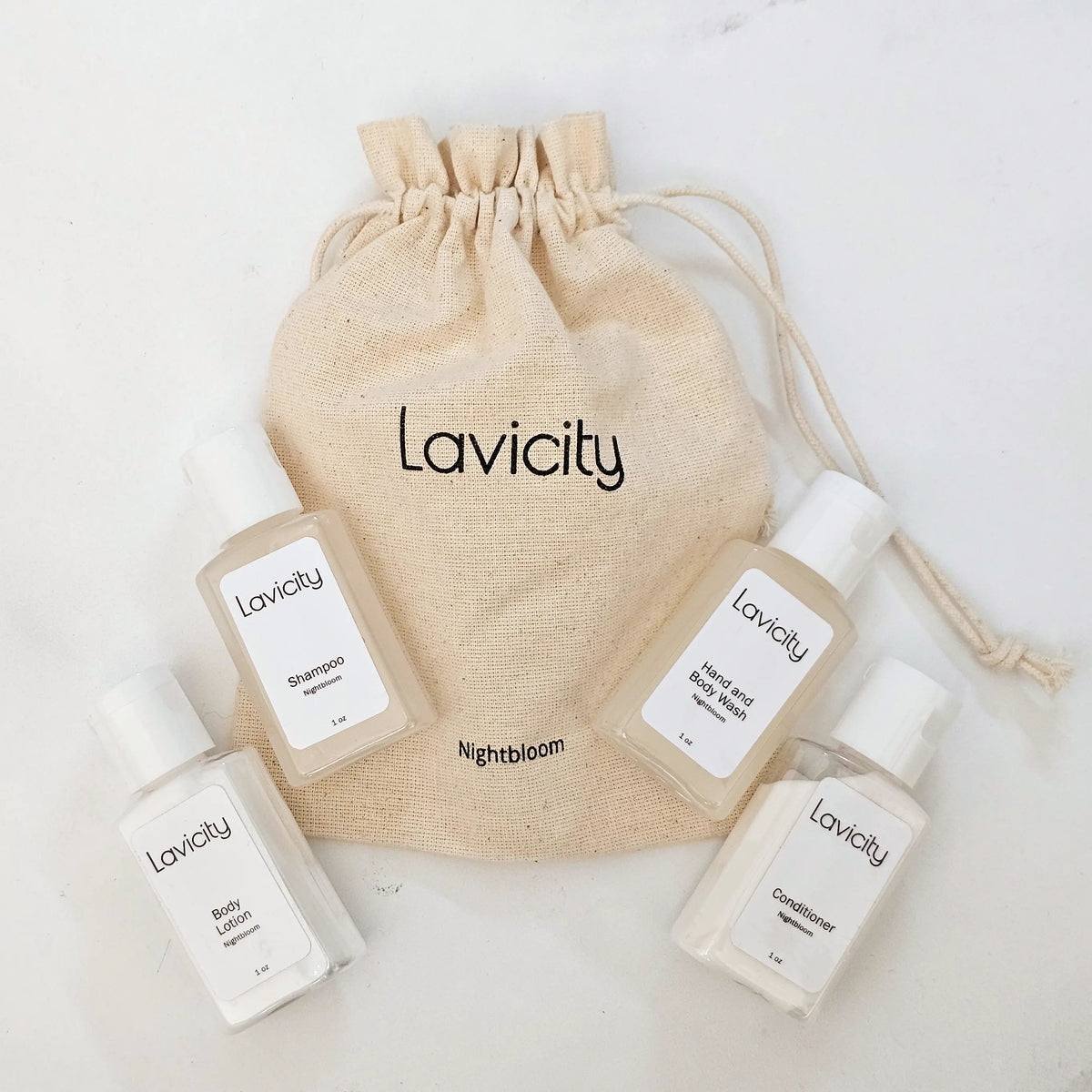 Sample pack of Lavicity shampoo, conditioner, body wash, and lotion for luxury hotels and vacation properties. Nightbloom scent for sampling potentially custom scented liquids.