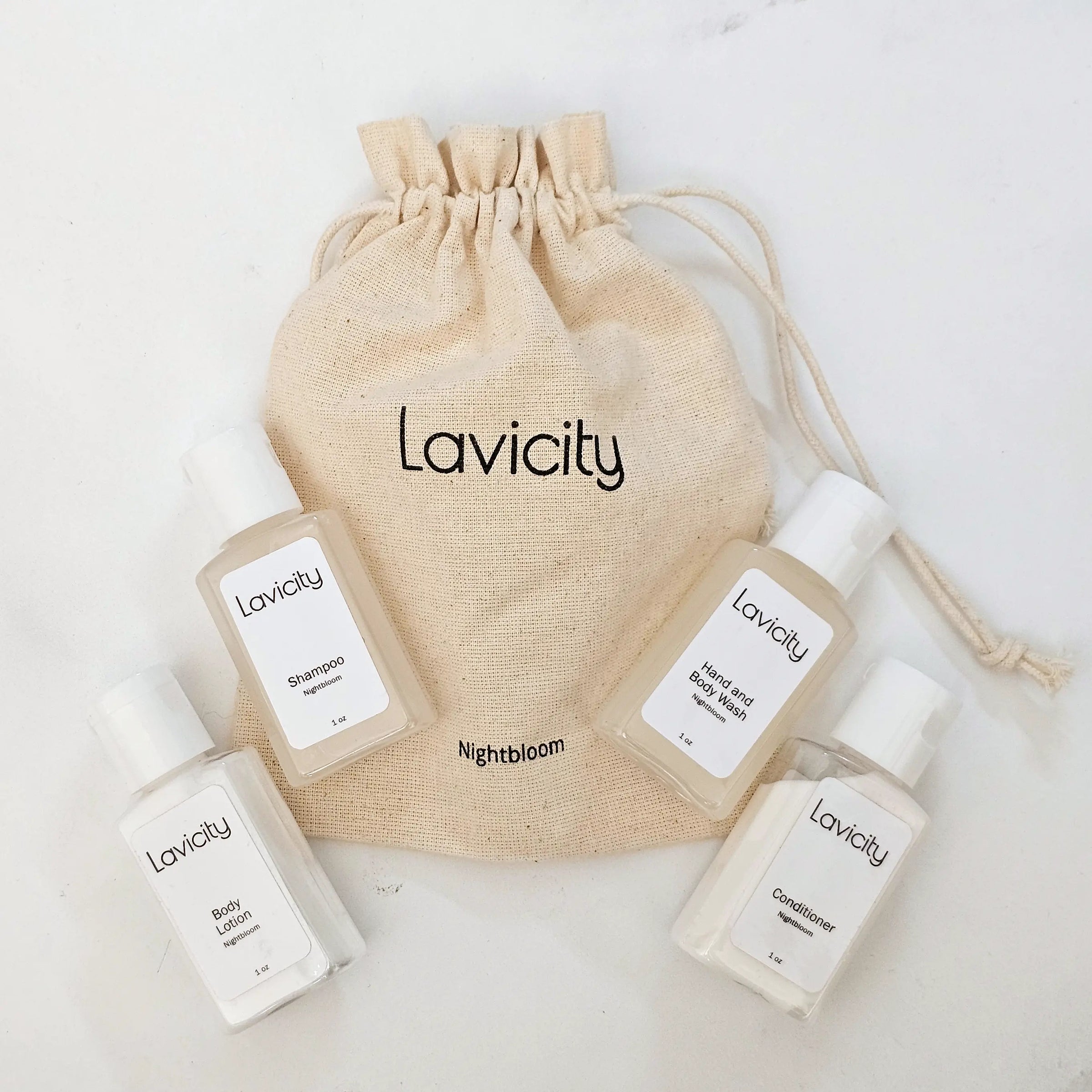 Sample pack of Lavicity shampoo, conditioner, body wash, and lotion for luxury hotels and vacation properties. Nightbloom scent for sampling potentially custom scented liquids.