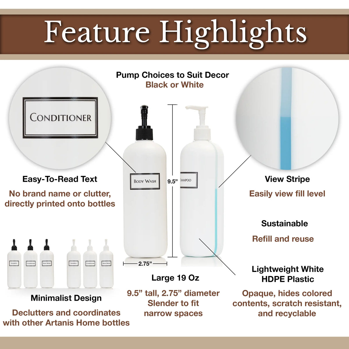 Feature highlights of the white silkscreened 19oz set of refillable bottles for the shower with view stripe. Easy to read text, view stripe, minimalist design, large 19 oz, lightweight HDPE plastic, sustainable, and with a choice of pumps.