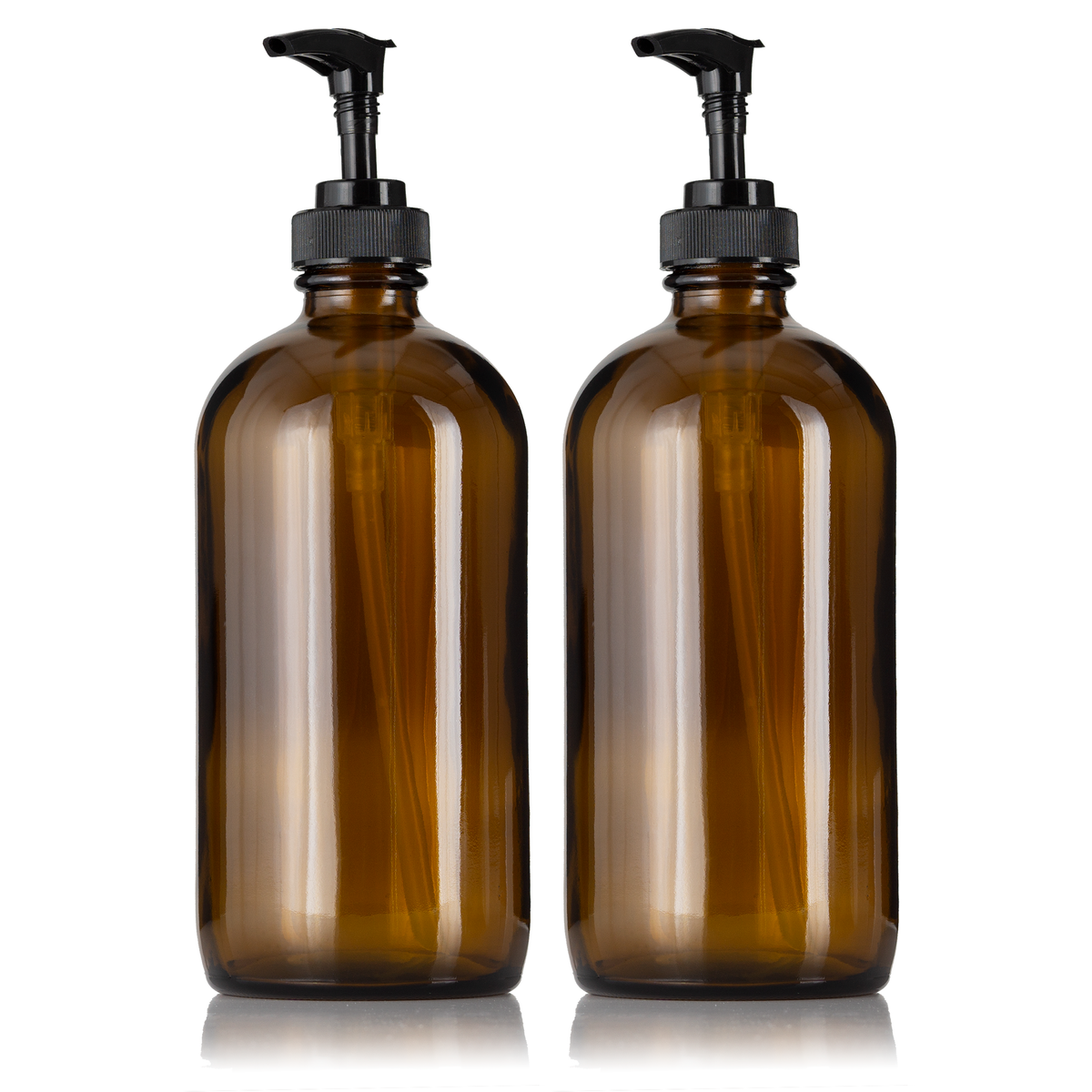 2 Amber Glass 16 oz Boston Round Soap Dispenser Pump Bottles