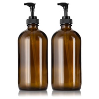 2 Amber Glass 16 oz Boston Round Soap Dispenser Pump Bottles
