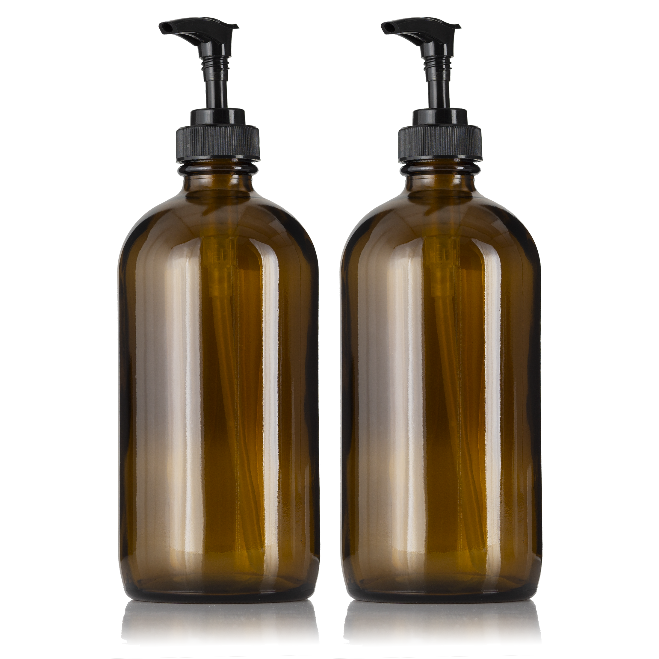 2 Amber Glass 16 oz Boston Round Soap Dispenser Pump Bottles