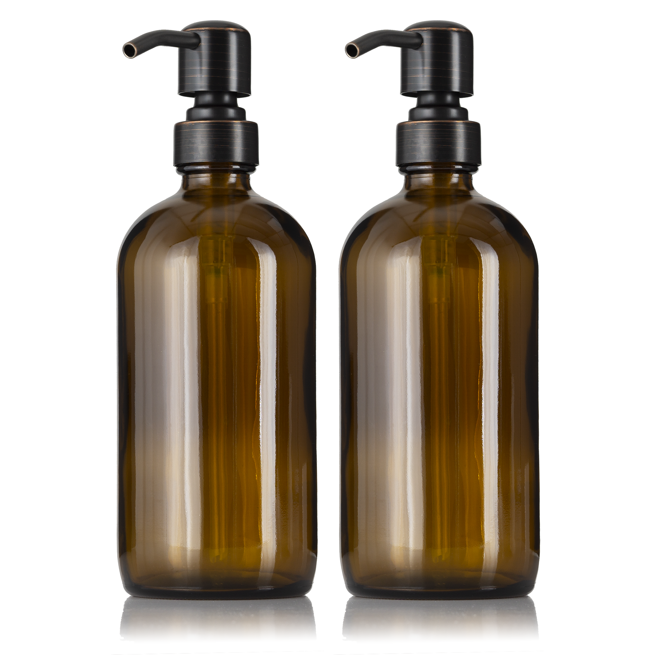 2 Amber Glass 16 oz Boston Round Soap Dispenser Pump Bottles
