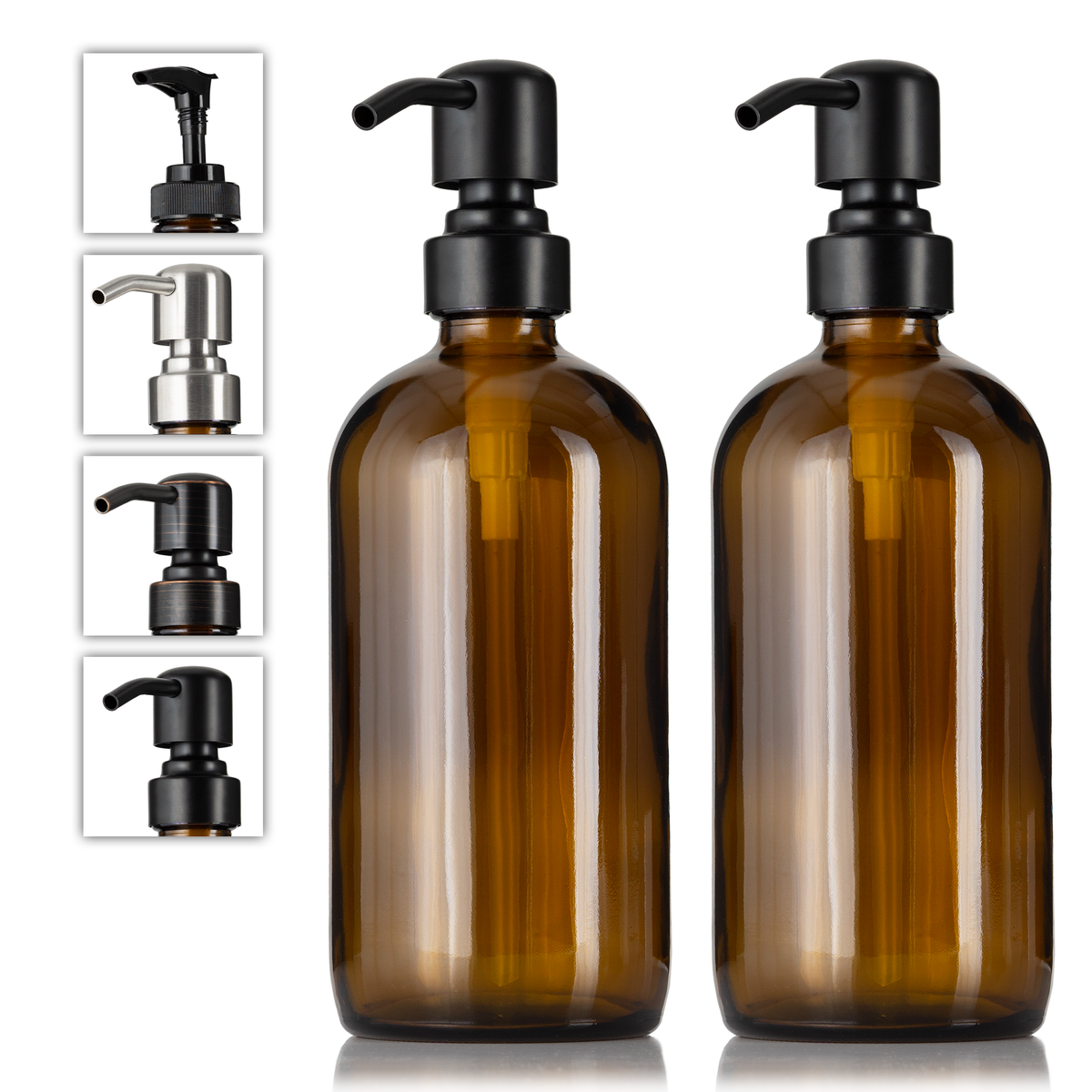 2 Amber Glass 16 oz Boston Round Soap Dispenser Pump Bottles