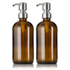 2 Amber Glass 16 oz Boston Round Soap Dispenser Pump Bottles
