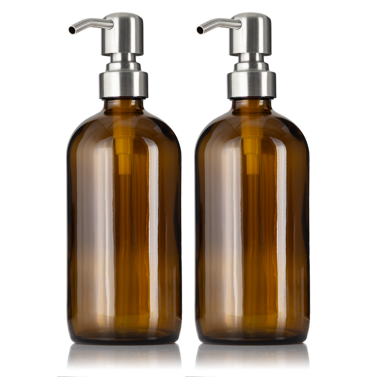 2 Amber Glass 16 oz Boston Round Soap Dispenser Pump Bottles