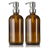2 Amber Glass 16 oz Boston Round Soap Dispenser Pump Bottles