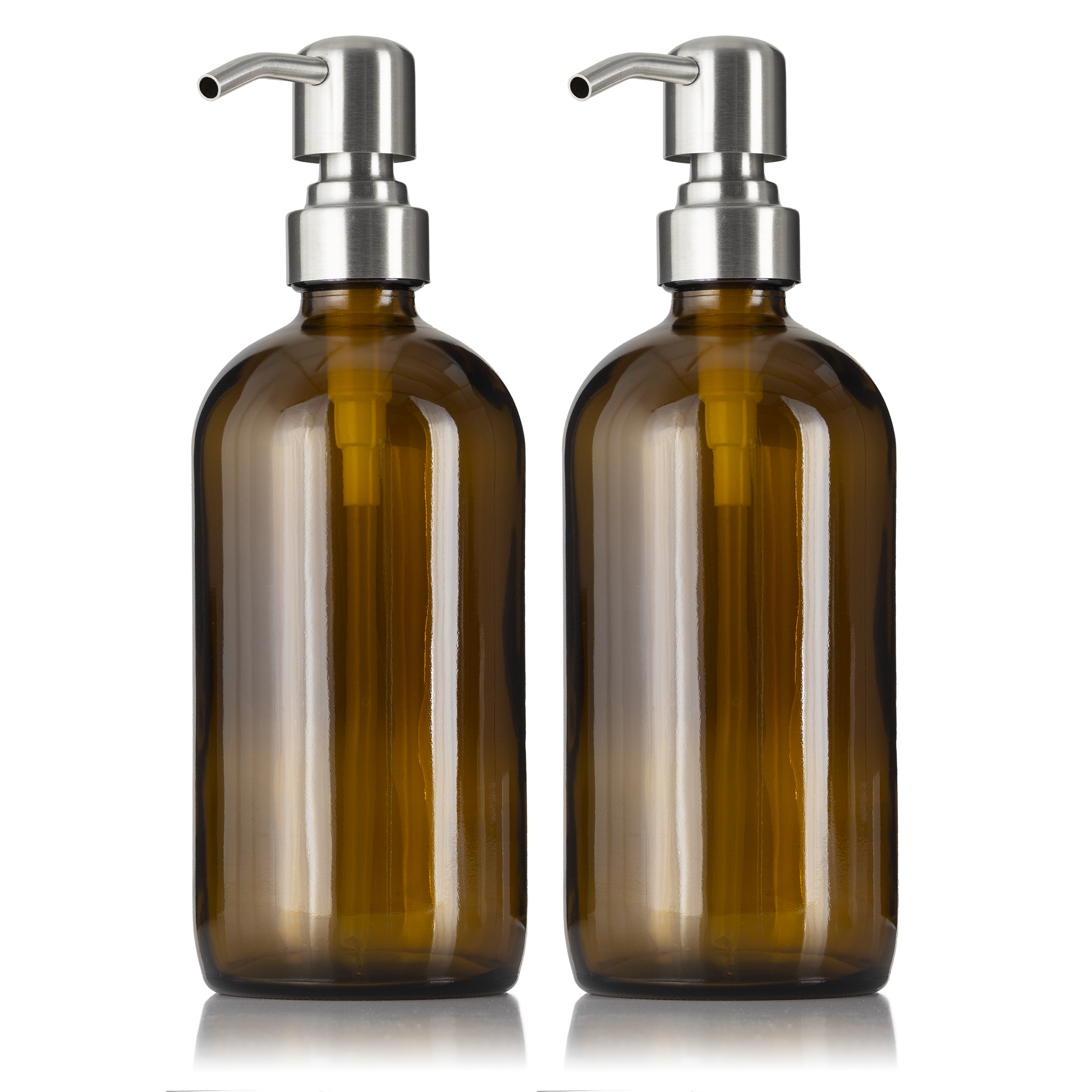 2 Amber Glass 16 oz Boston Round Soap Dispenser Pump Bottles