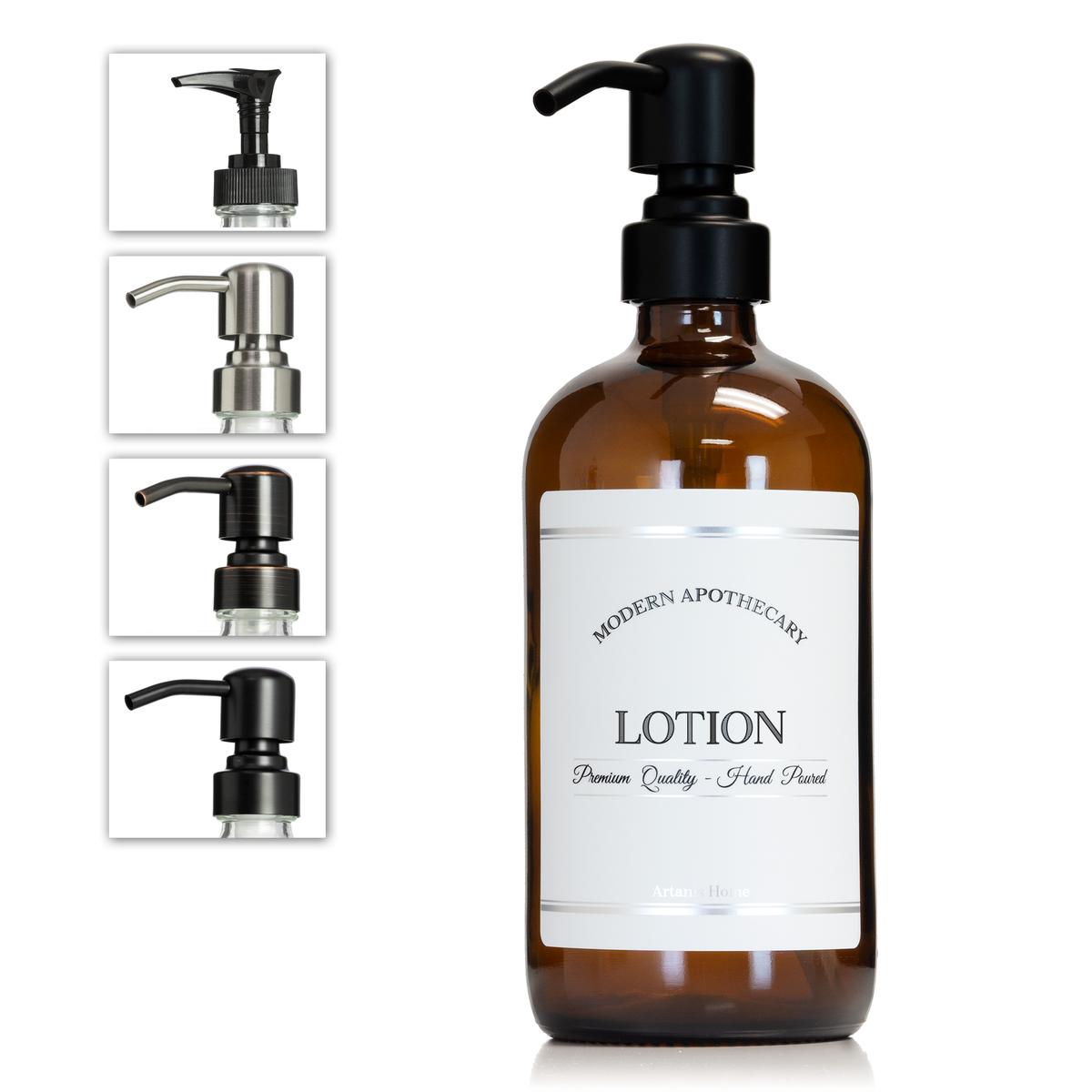 Amber Glass 16 oz "Modern Apothecary" Boston Round Pump Bottle