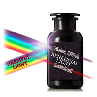 A visualization of how a Miron apothecary jar filters the spectrum of light with harmful light not penetrating the glass, and beneficial wavelengths of light (violet, UV-A, and some infrared) going through the glass to extend shelf life.