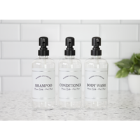 Clear "Modern Apothecary" Plastic Shower Bottle Trio