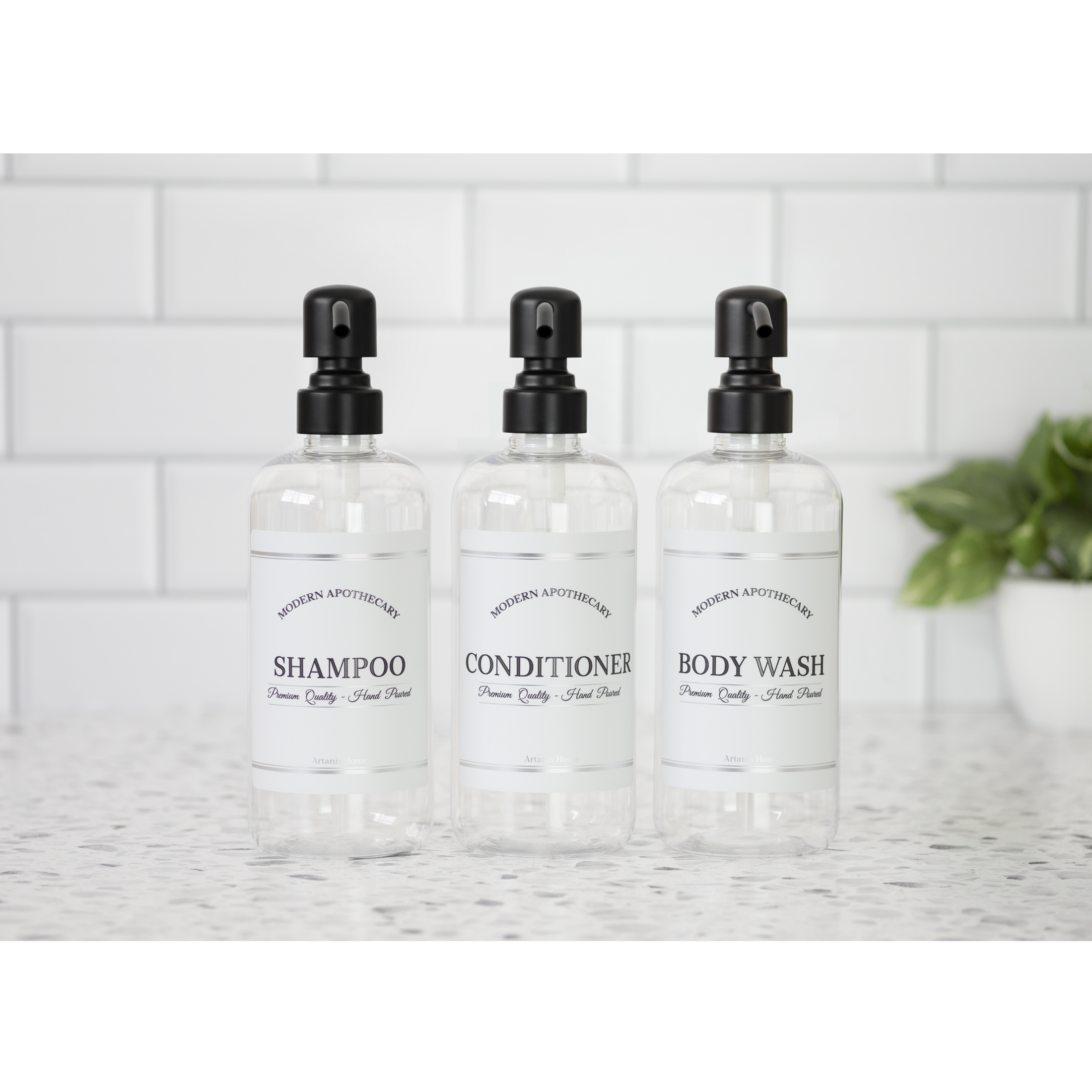 Clear "Modern Apothecary" Plastic Shower Bottle Trio