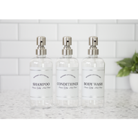 Clear "Modern Apothecary" Plastic Shower Bottle Trio