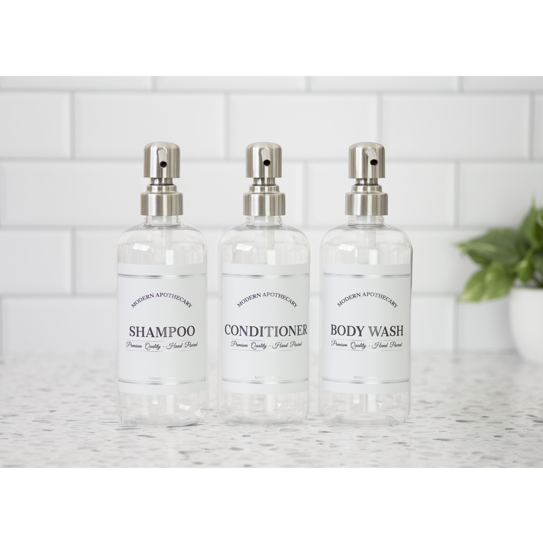 Clear "Modern Apothecary" Plastic Shower Bottle Trio