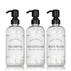 Clear "Modern Apothecary" Plastic Shower Bottle Trio