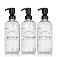 Clear "Modern Apothecary" Plastic Shower Bottle Trio