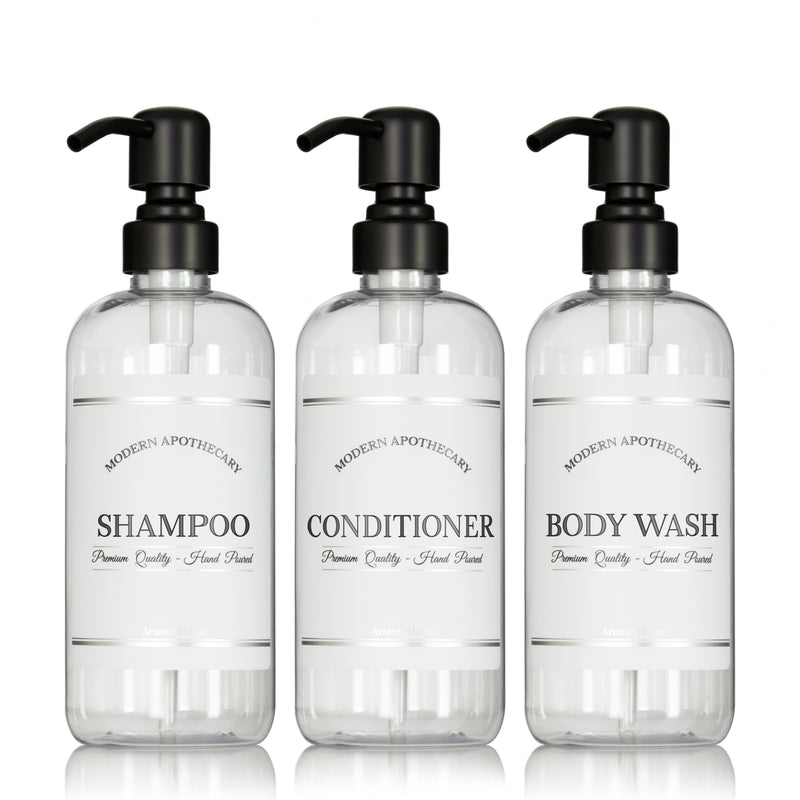 Clear "Modern Apothecary" Plastic Shower Bottle Trio