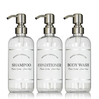 Clear "Modern Apothecary" Plastic Shower Bottle Trio
