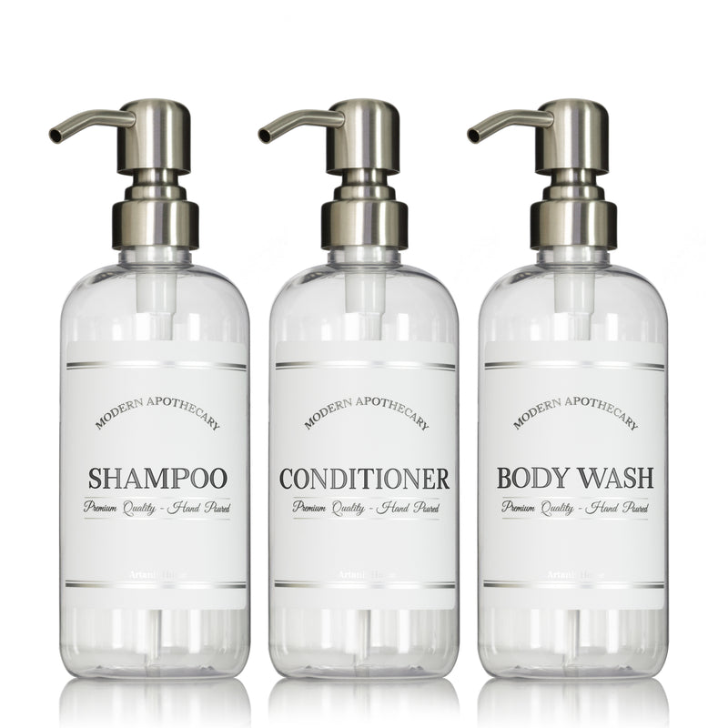 Clear "Modern Apothecary" Plastic Shower Bottle Trio