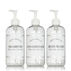 Clear "Modern Apothecary" Plastic Shower Bottle Trio