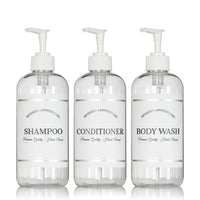 Clear "Modern Apothecary" Plastic Shower Bottle Trio