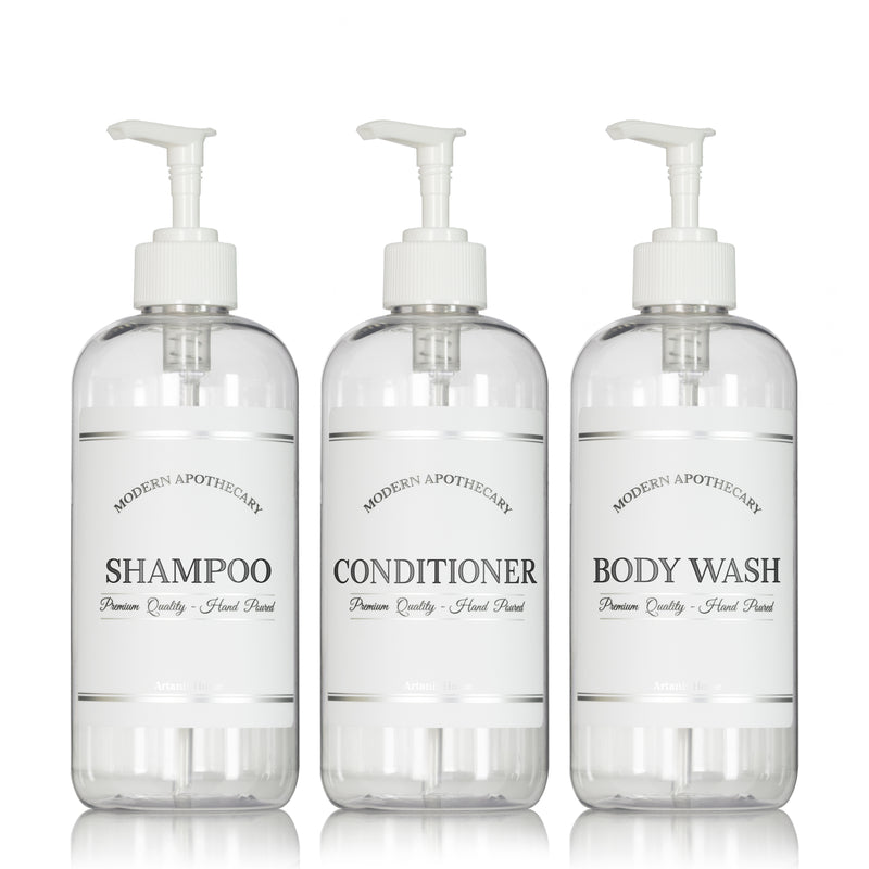 Clear "Modern Apothecary" Plastic Shower Bottle Trio